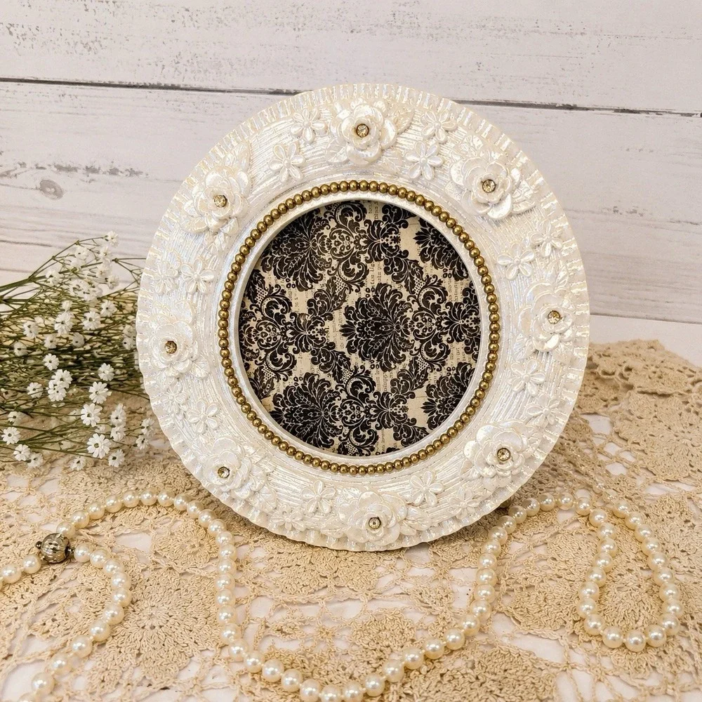 Vtg Style White Floral Round Picture Frame Cottage Decor Rhinestone Gold Accents